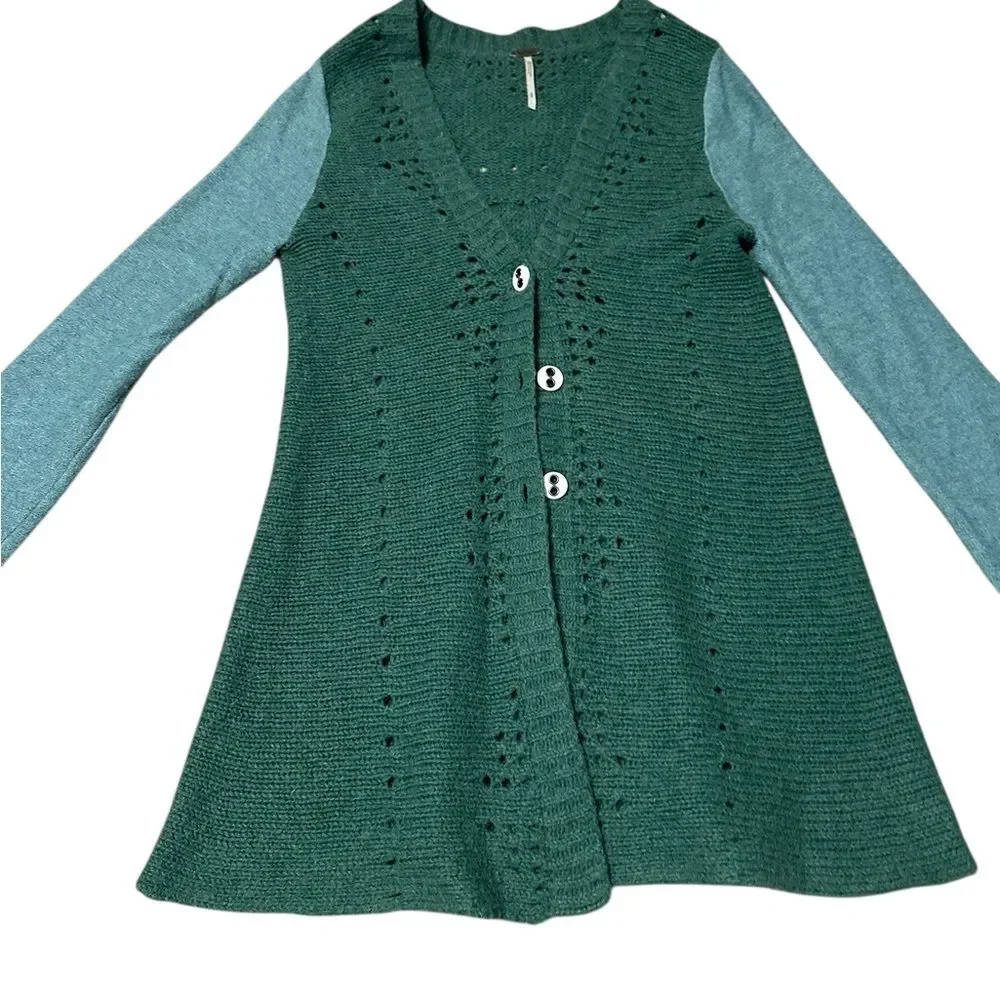 Free People Knit Cardigan Sweater Green Lace Back Button Boho Long Sleeve Small